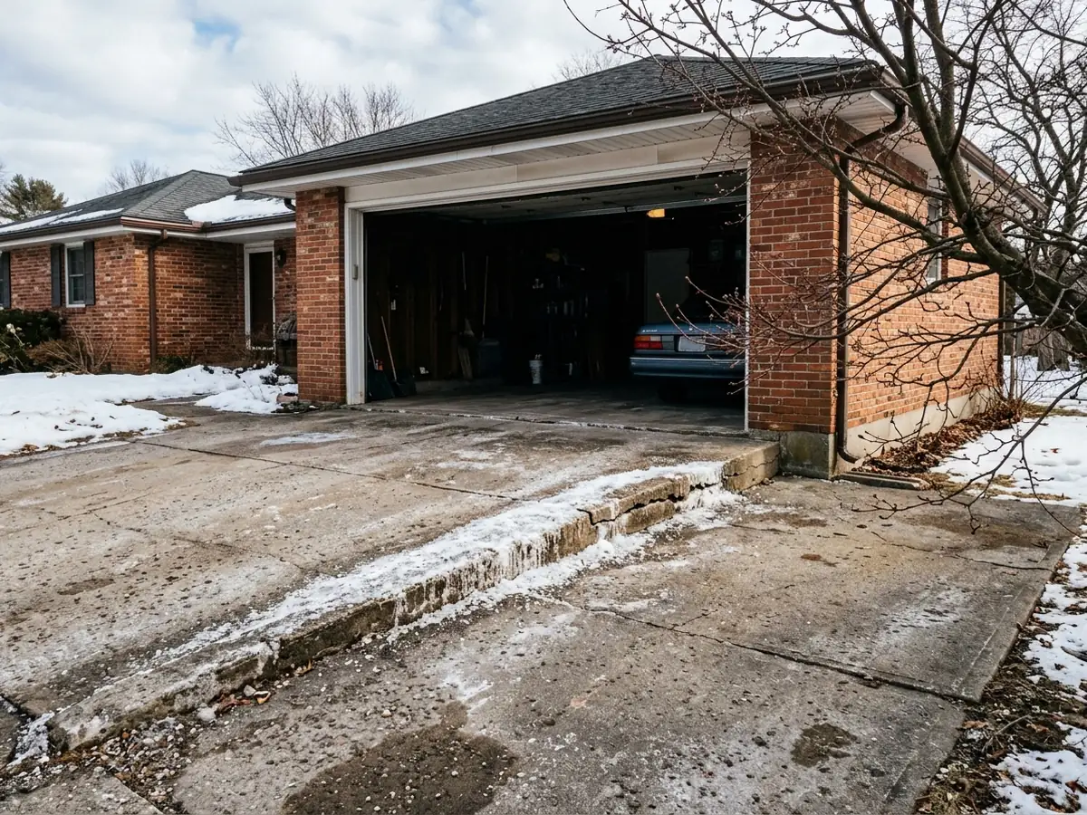Concrete garage door apron lifted above the floor slab at the overhead door, with a raised cracked edge