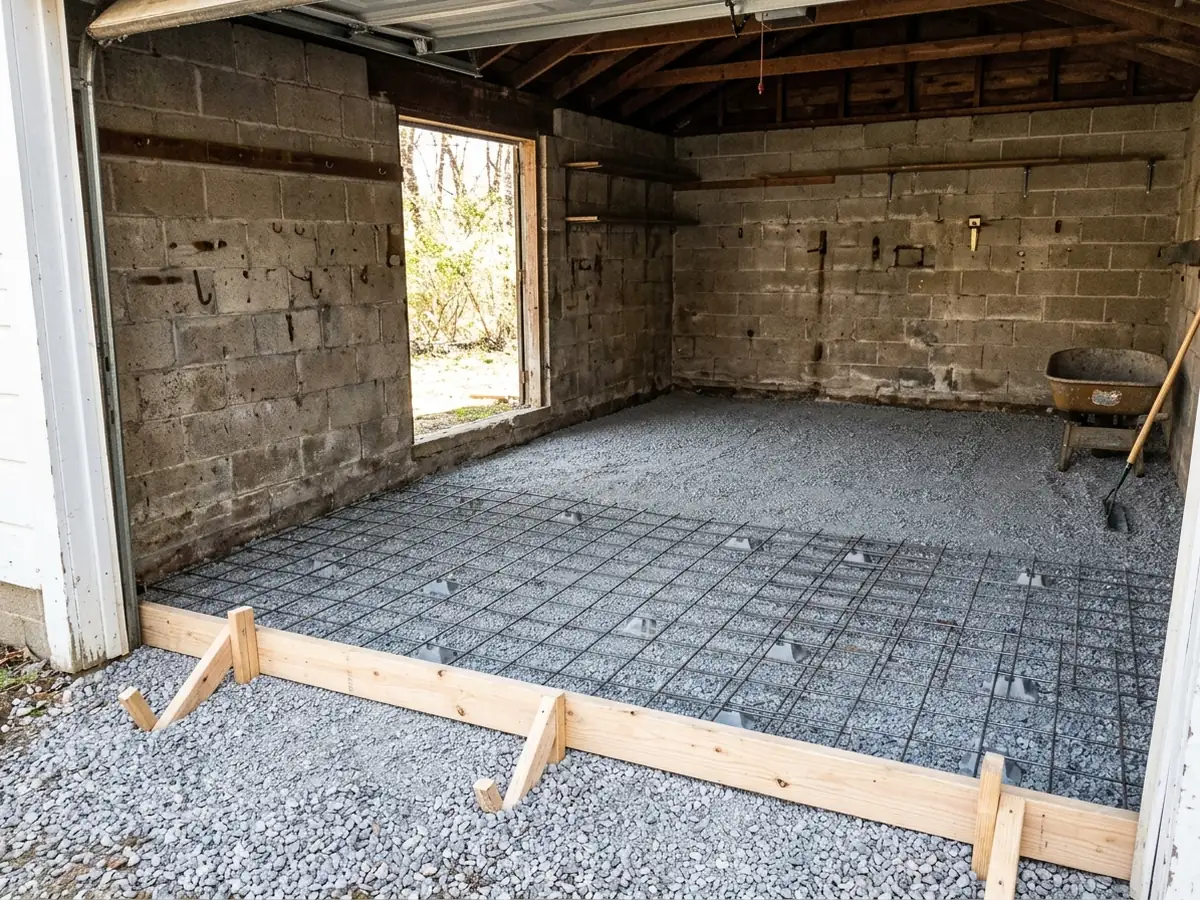 Old garage floor slab broken out and removed, with compacted gravel base and new forms ready for a fresh pour