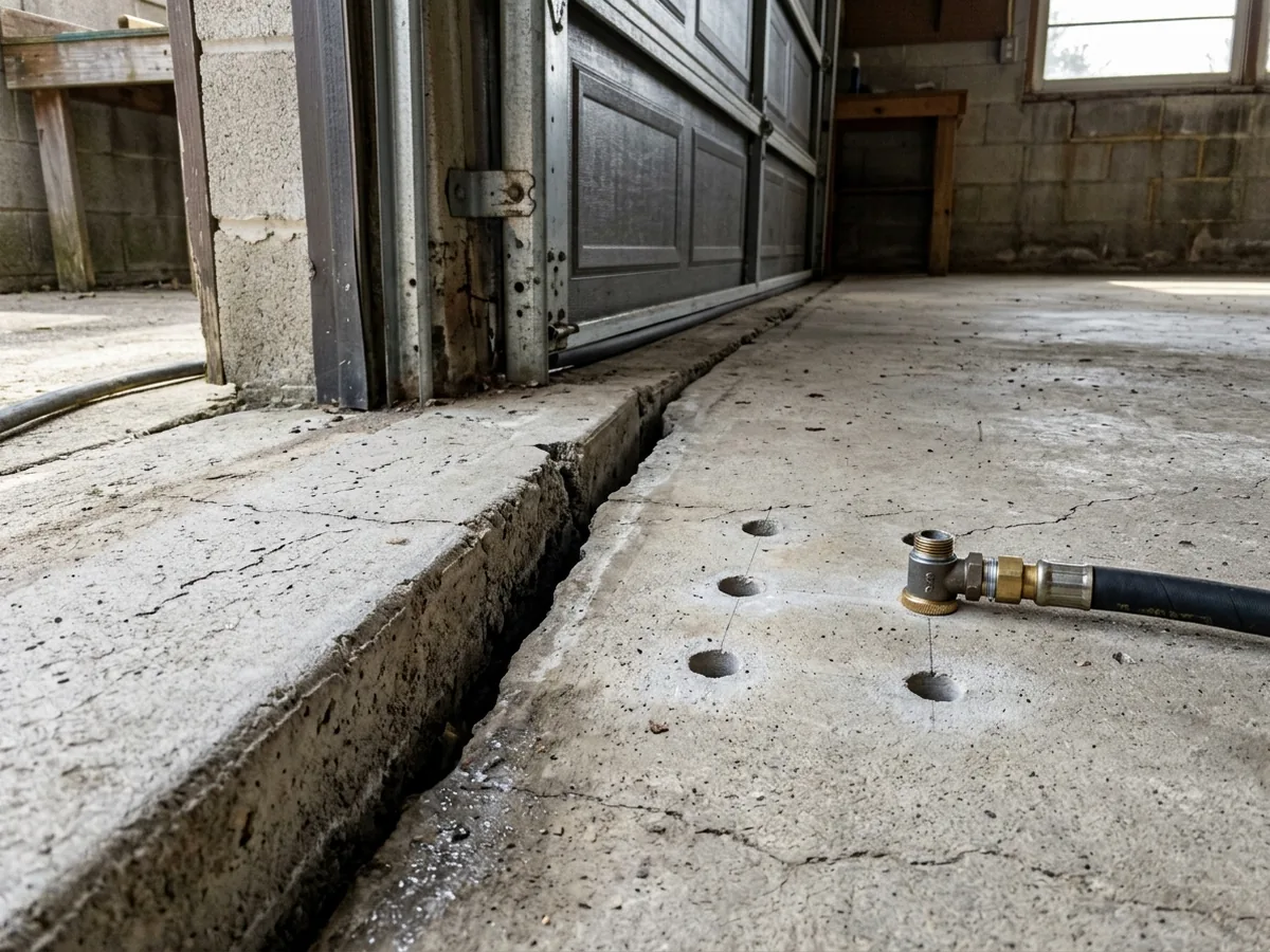 Garage floor slab sunk along its front edge, with small injection holes drilled in a grid for lifting