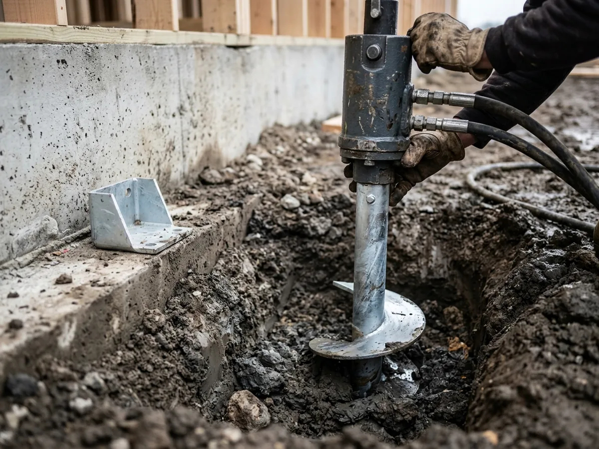 Steel helical pier being screwed into the soil beside an exposed concrete foundation footing