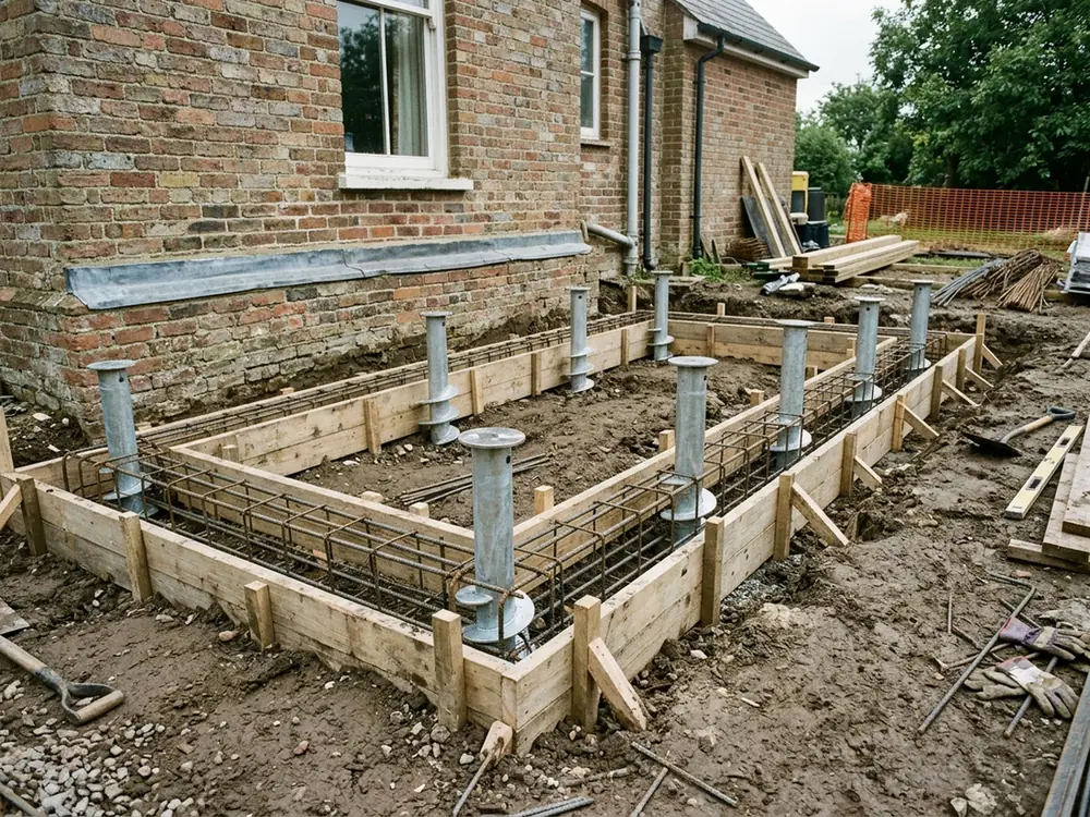 Row of helical piles supporting a steel-reinforced grade beam form for a small house addition