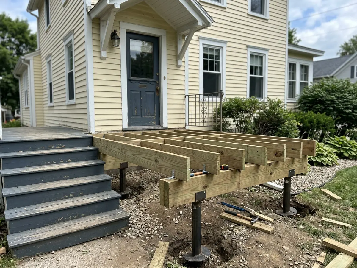 New wood front porch framing resting on helical piles with brackets beside the steps of an older house