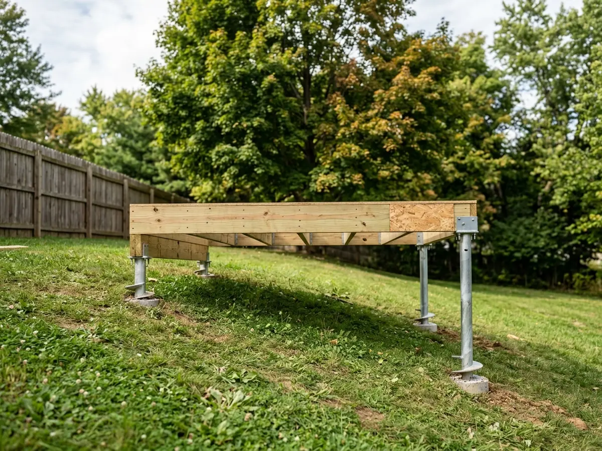 Small wood shed frame resting on four galvanized helical piles in a sloping backyard