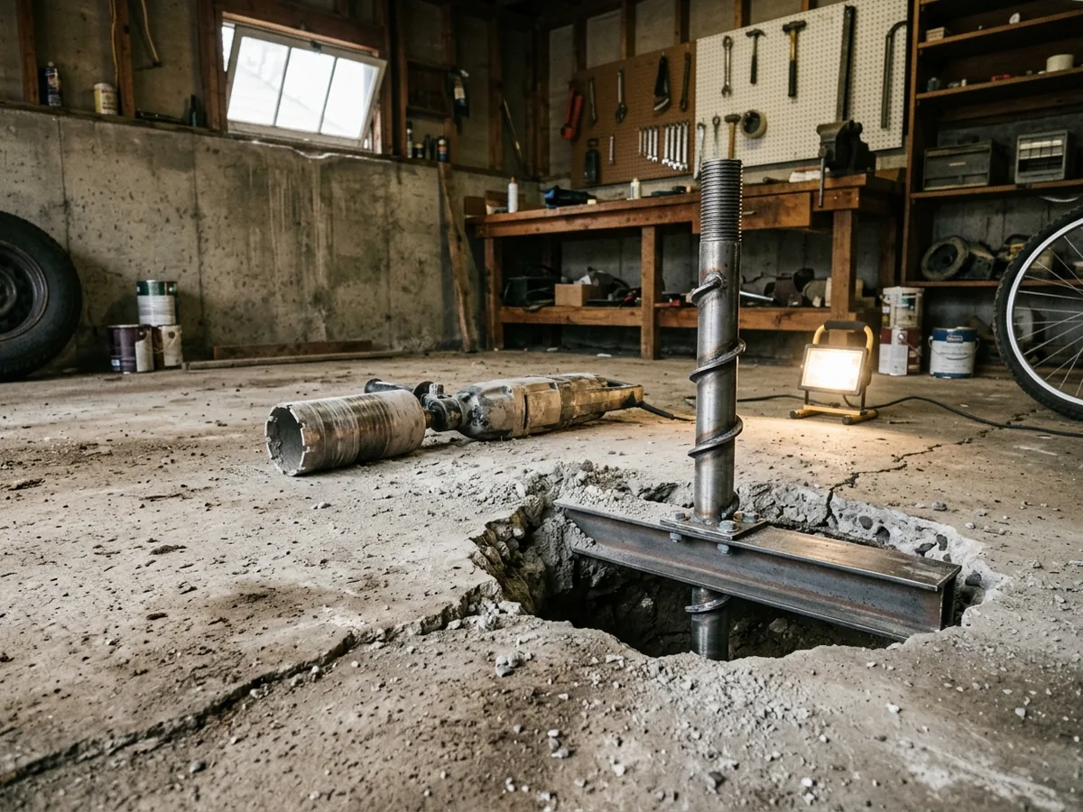 Helical slab pier shaft rising through a cored hole in a settled concrete garage floor with a bracket under the slab