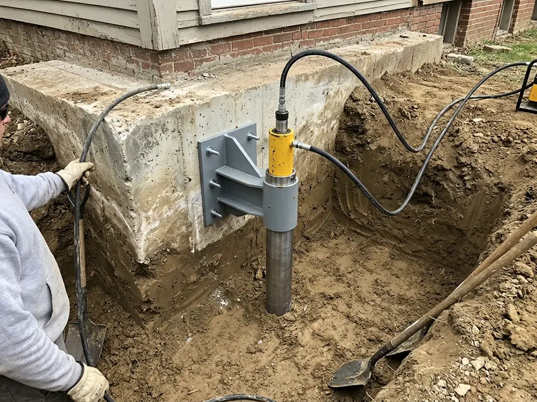 Steel push pier tube in a small pit under a house footing, with a side-load bracket and hydraulic driving ram attached