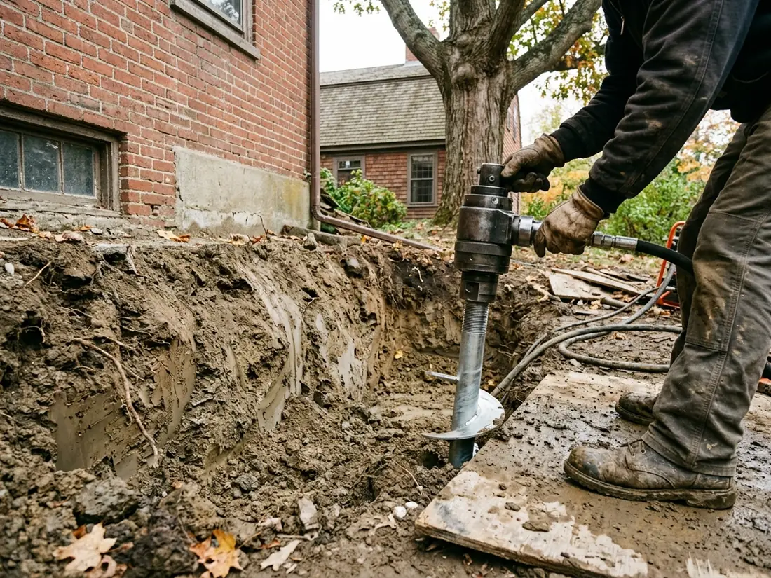Hydraulic torque motor turning a galvanized helical pier shaft into clay soil beside an exposed house footing