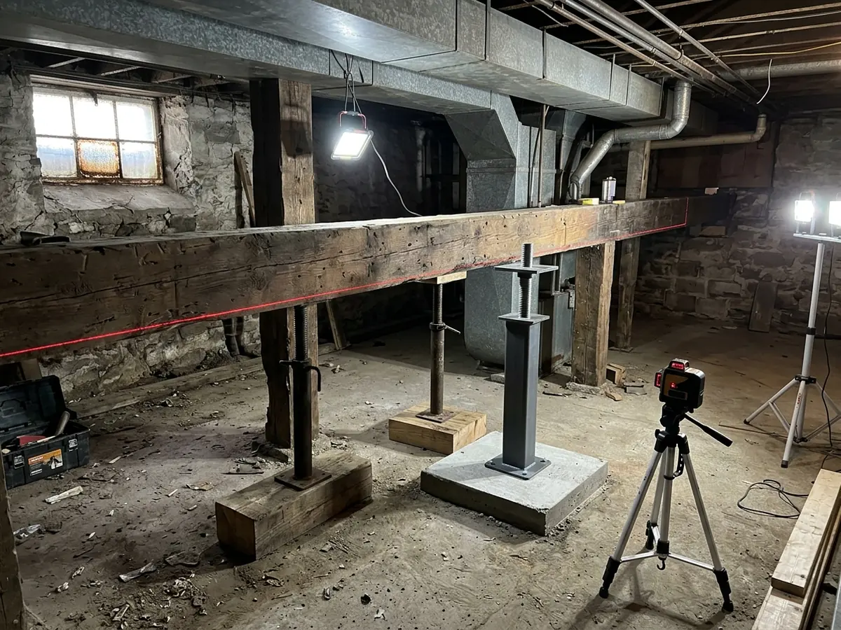 Temporary screw jacks and new adjustable steel columns under a long wood beam in an older basement, laser level on a tripod