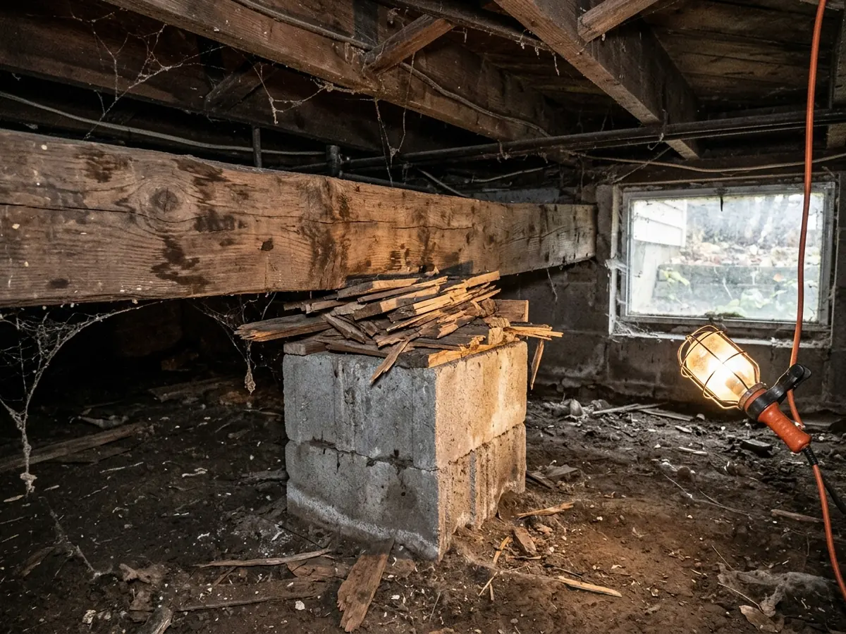 Crushed wood shims and a stacked concrete block pier under a sagging floor beam in a dirt-floor crawl space