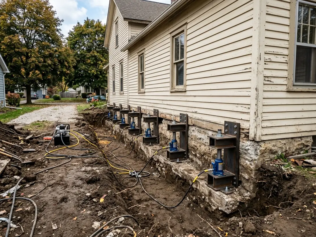 Row of steel piers with lifting brackets along the excavated footing of an older two-story house, hydraulic jacks connected