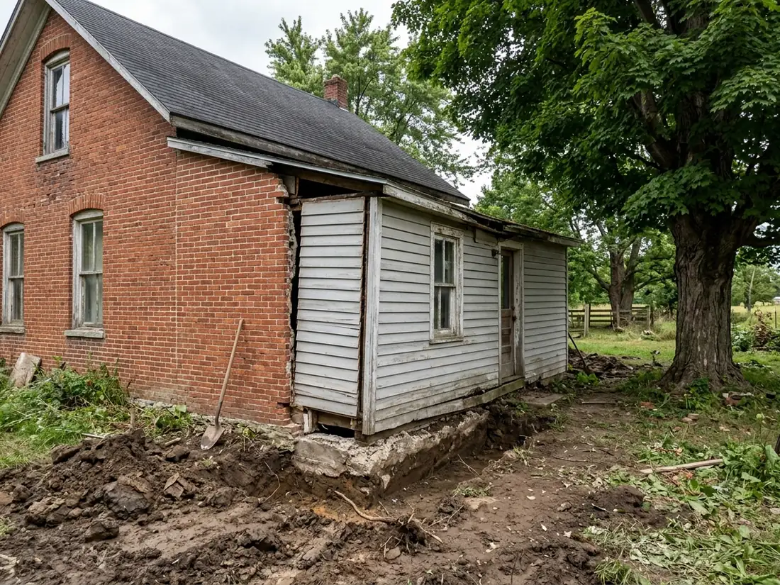 Sunken one-story addition pulled away from the main brick house, with a trench dug along its shallow footing