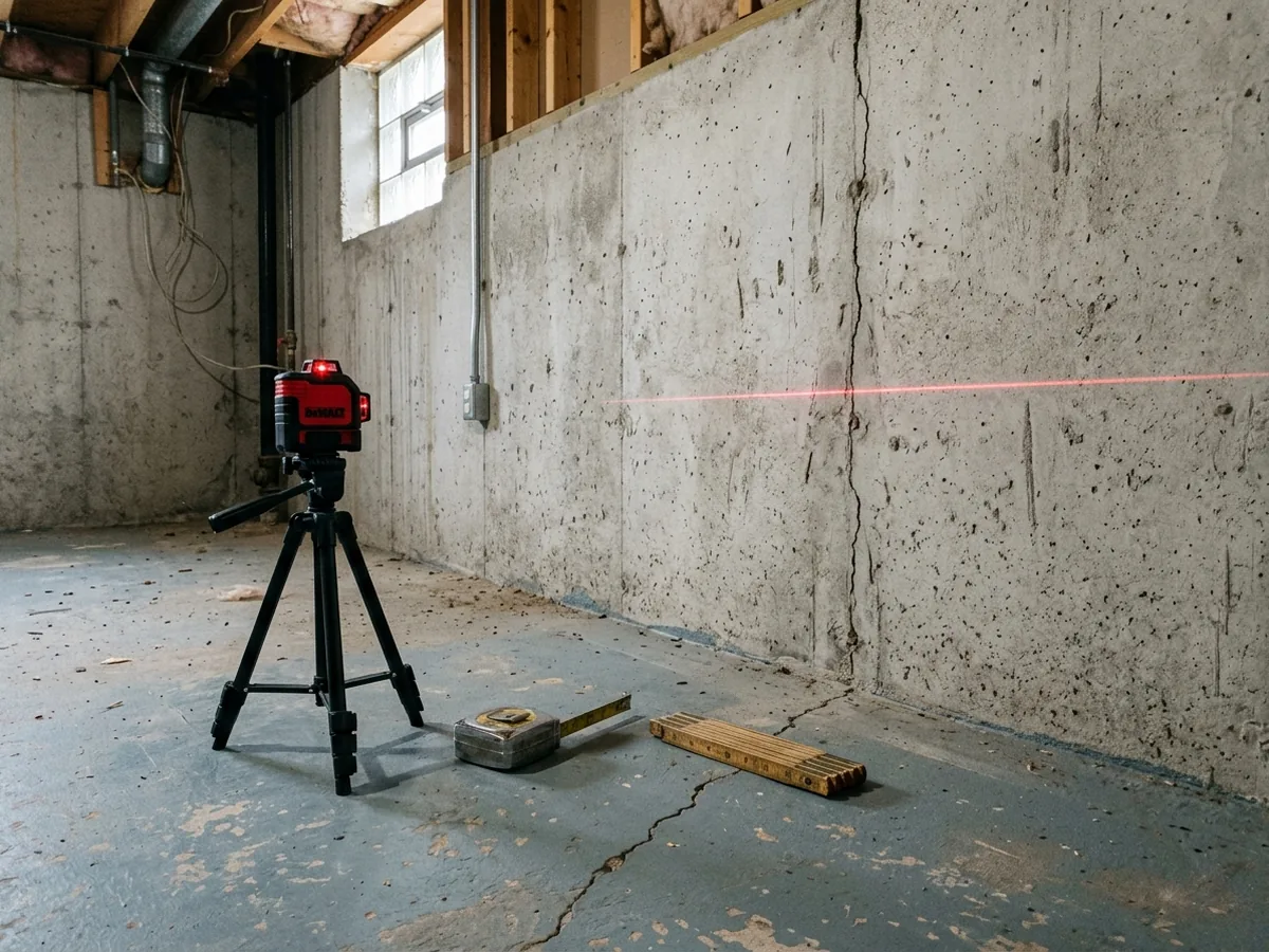 Laser level on a tripod projecting a red line across a poured concrete basement wall, with a tape measure beside a floor crack