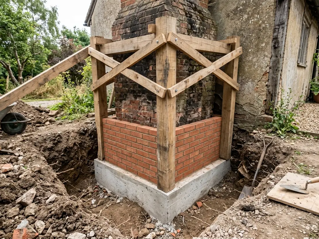 Lower brick courses of a chimney rebuilt on a new poured concrete footing, with the chimney above shored by timber posts