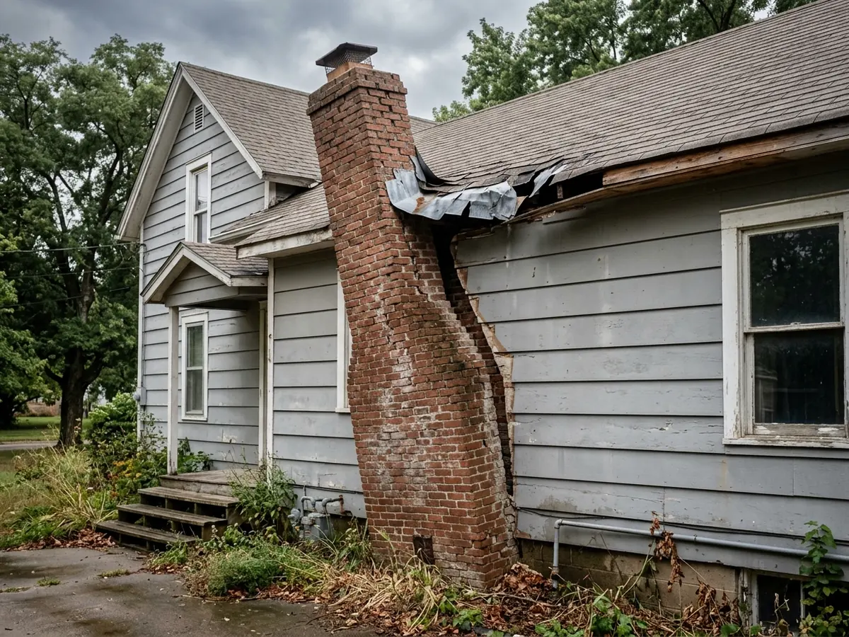Brick chimney separated from the side of a house with a wedge-shaped gap at the top and torn roof flashing