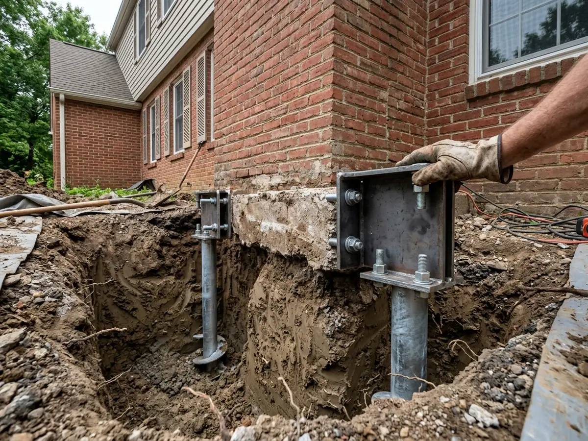 Steel helical pier brackets fastened to the concrete footing of a brick chimney in an excavated hole beside a house