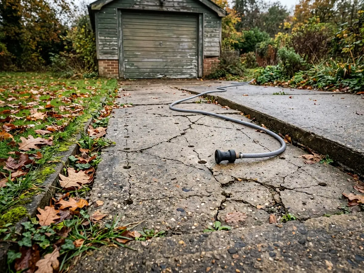Sunken and cracked concrete driveway slab in front of a garage with an injection hose for foam lifting