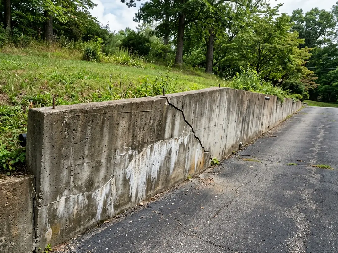 Poured concrete retaining wall beside a driveway with a diagonal crack and the top tipped forward