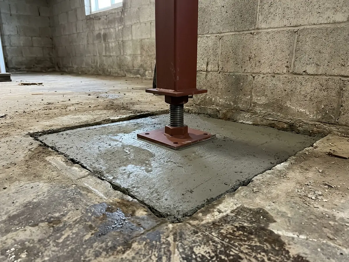 Adjustable steel support column on a freshly poured concrete footing pad cut into a basement floor
