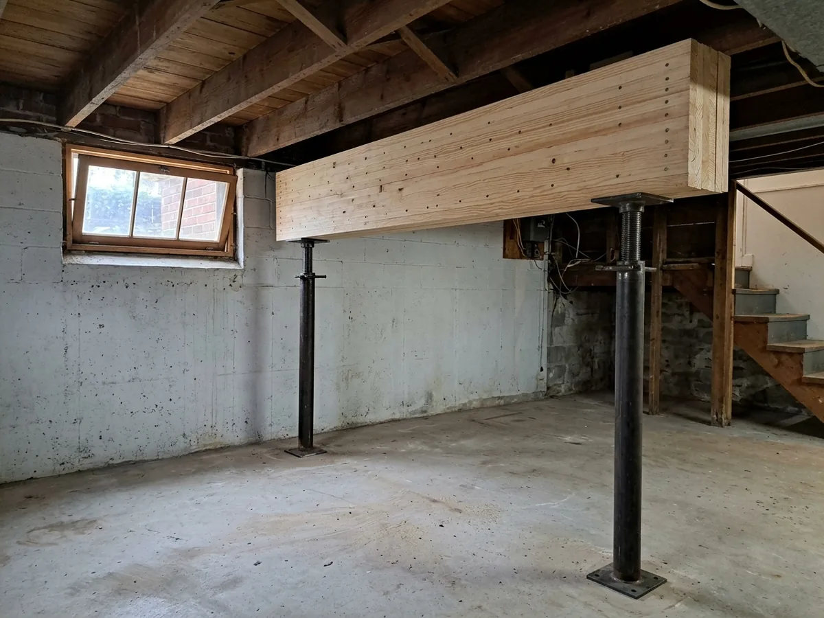 New laminated veneer lumber girder resting on adjustable steel columns under floor joists in an older basement