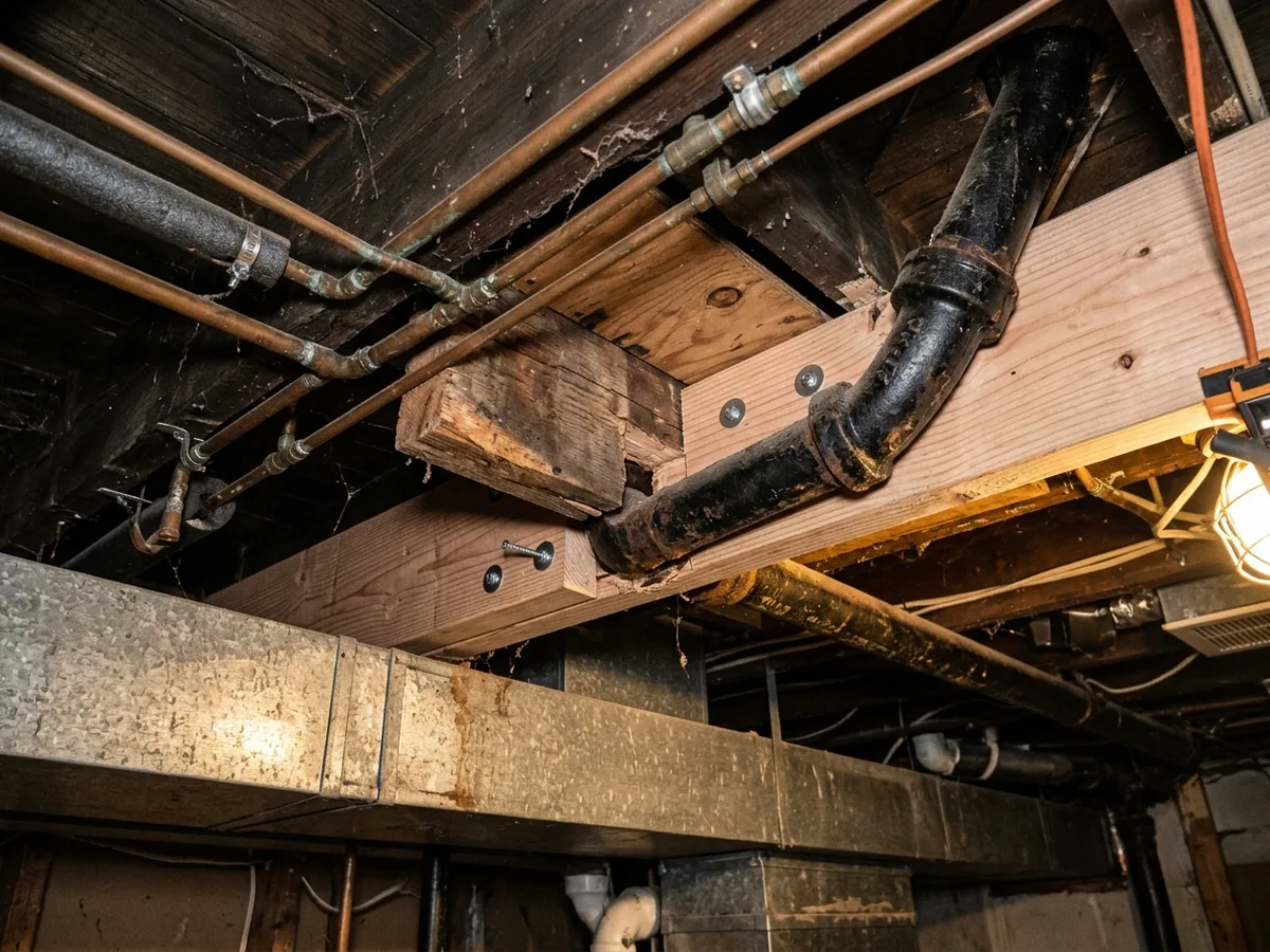 Floor joist notched deeply for a cast iron drain pipe, with a new reinforcing joist fastened beside it