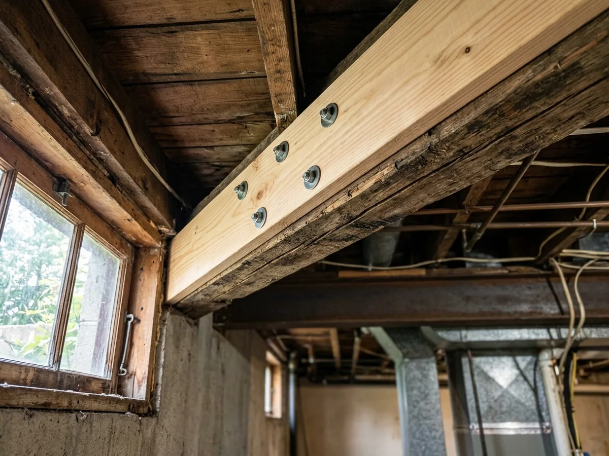 New lumber joist bolted alongside a cracked and sagging old floor joist in a basement ceiling