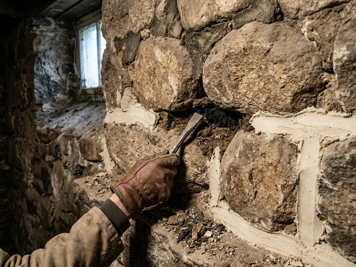 Mason raking out old crumbling mortar between rounded fieldstones in a basement wall before repointing