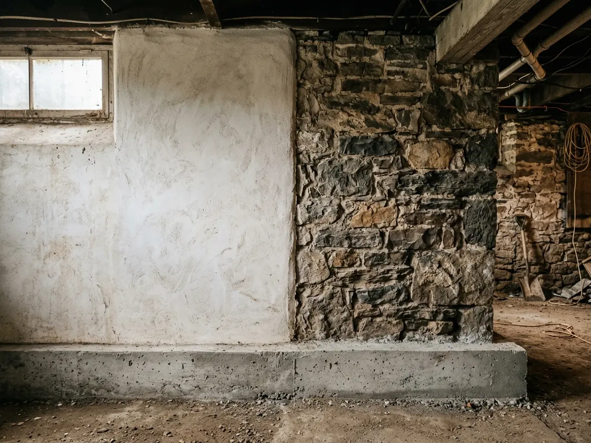 Interior face of a fieldstone basement wall partly parged in lime render, a new concrete footing section poured at its base