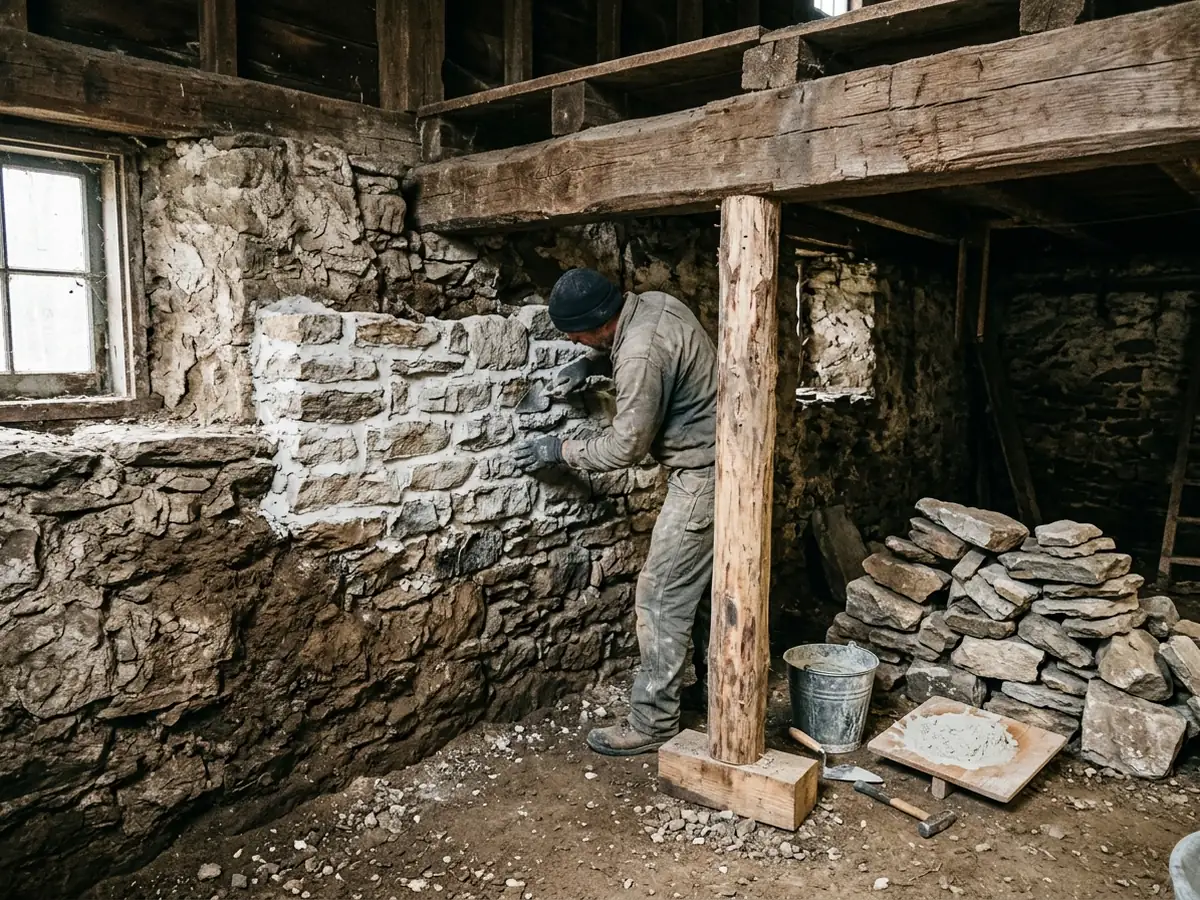 Section of fieldstone basement wall being relaid, with loose stones stacked on the floor and fresh mortar beds